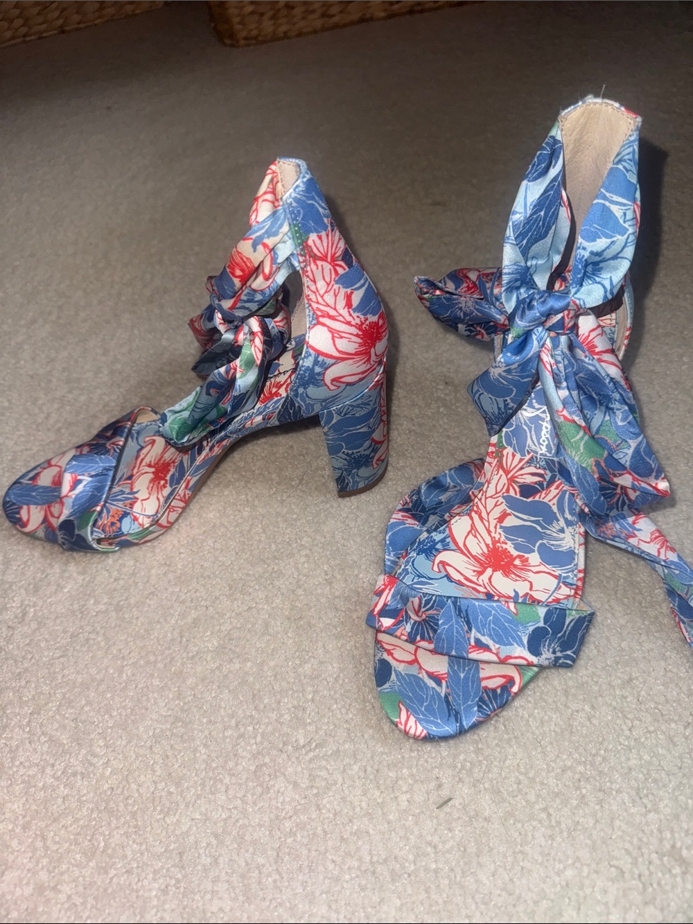 Jessica Simpson Blue Floral Tie-Ankle Heeled Sandals - Picture 2 of 9
